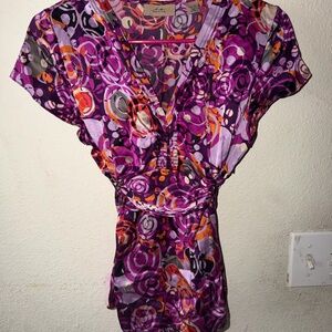 Women's V-Neck Purple Printed Flutter-Sleeve Blouse